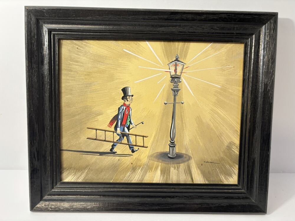 Set of 3 Signed Vintage Illustrations–Lamplighter Series, Framed, Folk Art Stye